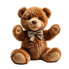 Cute brown teddy bear with bow tie sitting against a black background