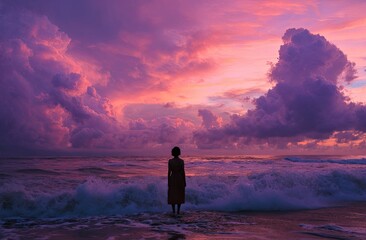 Obraz premium A lone figure on a sandy shore gazes out at a vibrant, swirling sunset over the ocean