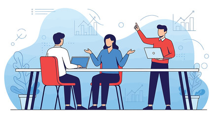 Vector art of a team of three colleagues are discussing a project at a table, brainstorming ideas, and planning strategies for business growth and success in a modern office setting