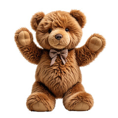 Fluffy brown teddy bear sits with arms raised, wearing a small bowtie