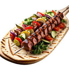 Delicious skewers on pita bread with fresh vegetable garnish on a wood board