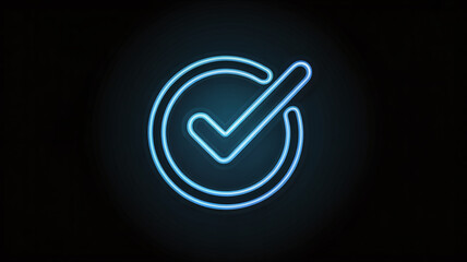 A glowing blue neon checkmark inside a circle on a dark background, symbolizing success and completion