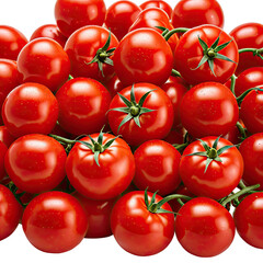 Ripe tomatoes on vines, clustered, glossy, and vibrant red in color