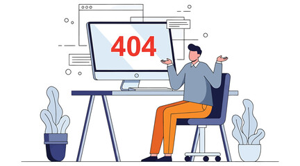 Vector art of a man sitting at a desk in front of a computer with a 404 error message on the screen, shrugging his shoulders in confusion, with potted plants on the desk