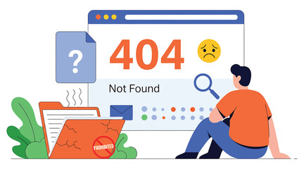 Vector art of a man sitting in front of a computer with a 404 error message on the screen, looking at it with a magnifying glass, with a folder and a sad face icon