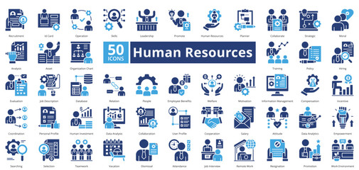 Human Resources two tone contains 50 icons including training, policy, hiring, evaluation, job description, relation, people, employee benefits, welfare simple vector 