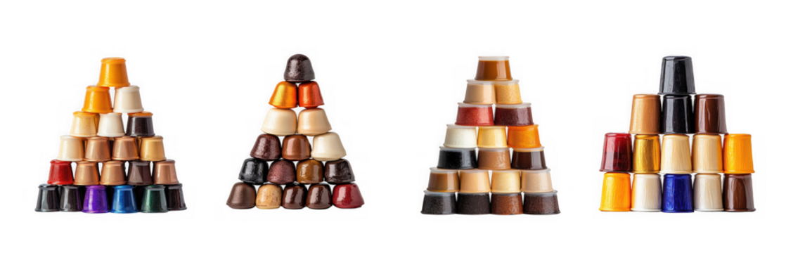 Pyramid stacks of coffee capsules isolated on transparent background