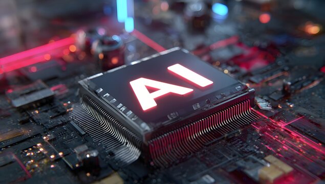 Advanced artificial intelligence chip illuminating with neon lights on a futuristic circuit board