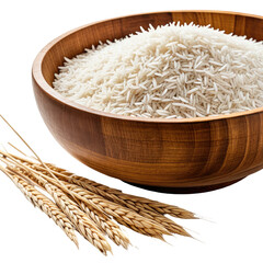 Rice in wooden bowl, wheat stalks; rustic, natural, and wholesome food