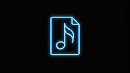 A glowing blue neon music note icon on a document page, symbolizing audio file or digital music, against a dark background