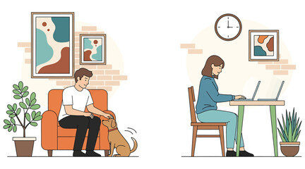 Vector art of people working from home, a man is relaxing with his dog, while a woman is working on her laptop at a desk, creating a comfortable and productive workspace