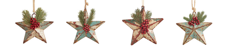 Four rustic starshaped christmas ornaments with greenery and berries, isolated on transparent background