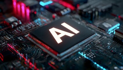 Close up view of a central processing unit with ai label illuminated on a circuit board