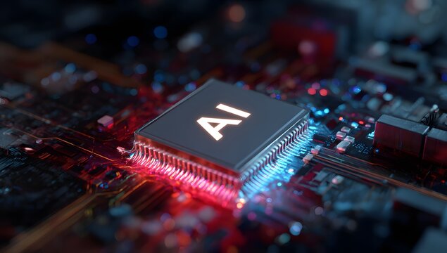 Close up view of a central processing unit with ai inscription glowing brightly on a complex circuit board