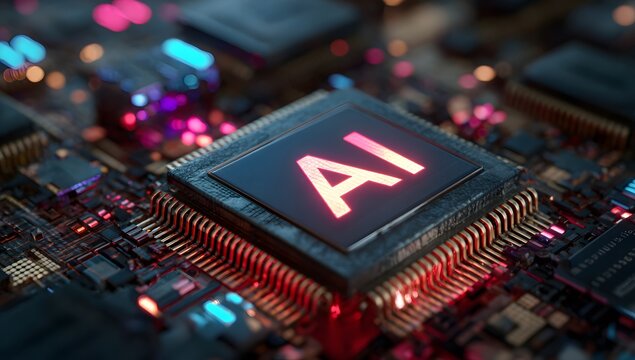 Advanced artificial intelligence processor with glowing ai symbol on a complex circuit board
