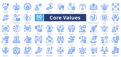 Core Values blue contains 50 icons including enthusiasm, leader, kind, optimism, contribution, clarity, authenticity, friendship, impact simple vector 