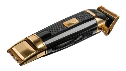 Modern gold hair clipper with metallic shine and sharp blades used for grooming styling and haircut tools isolated on white background