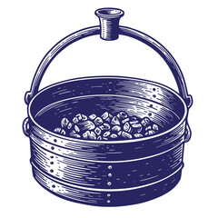 Vintage illustration of a coal filled cauldron with a handle engraved design