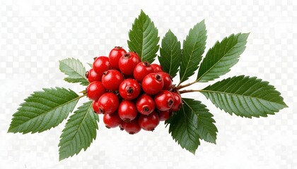 Hawthorn branch with red berries and green leaves isolated on white background, a beautiful nature element