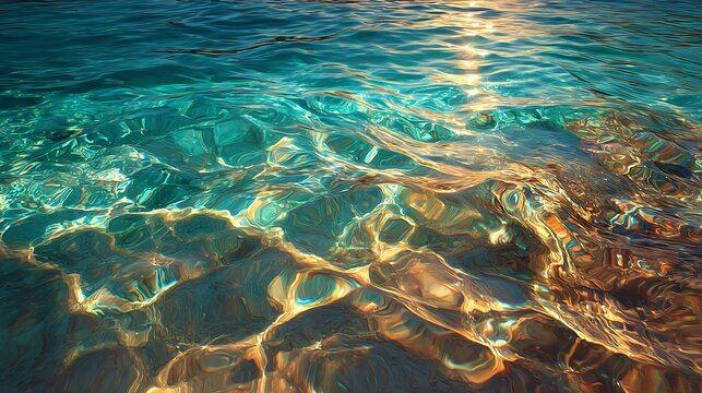 Captivating turquoise ocean water shimmers with golden sunlight creating mesmerizing patterns and tranquil reflections
