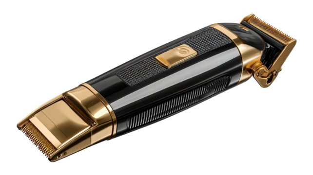 Modern gold hair clipper with metallic shine and sharp blades used for grooming styling and haircut tools isolated on white background