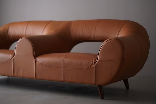 Modern tan leather sofa with unique curved design