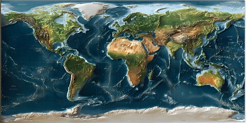 Detailed topographical view of earth s continents and oceans from space showing landmasses and water bodies