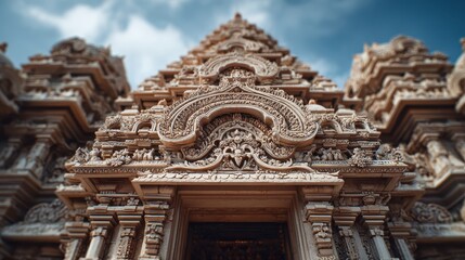 Fototapeta premium Ornate Dravidian Temple Gopuram Facade With Intricate Stone Carvings