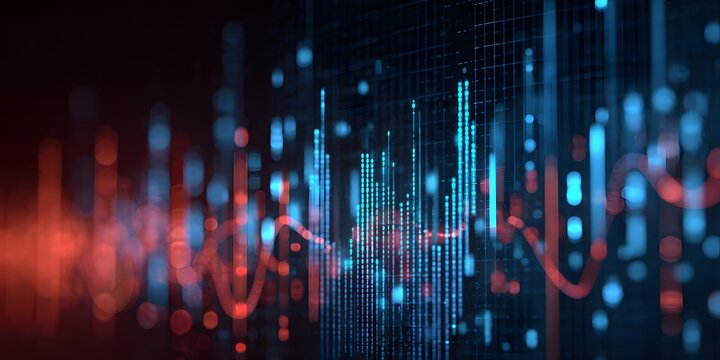Abstract digital sound wave visualization with vibrant blue and red light streaks and bokeh effects