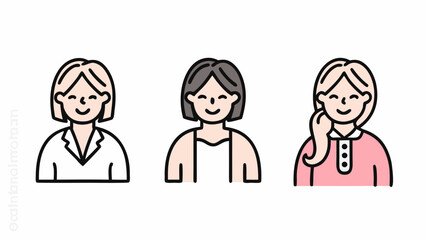 Illustration of three women with different hairstyles and outfits in a simple cartoon style design | editable eps vectors silhouette