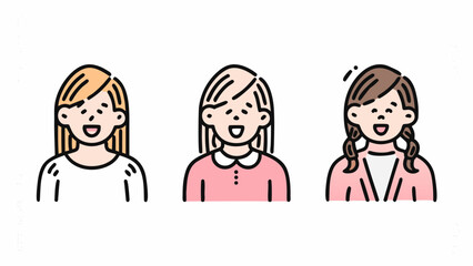 Three cartoon girls with different hairstyles and outfits smiling cheerfully in a row on a white background | editable eps vectors silhouette