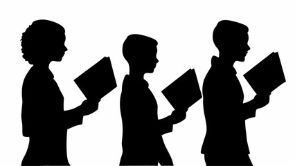 Three silhouettes of people holding books and reading in a row against white background image view | editable eps vectors