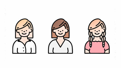 Three stylized women with different hairstyles and outfits standing side by side on a white background | editable eps vectors silhouette