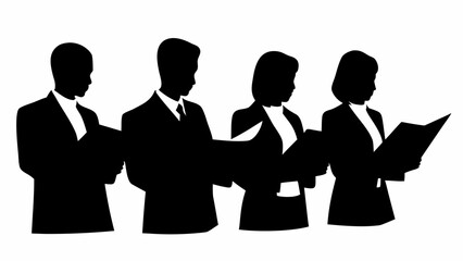 Silhouette of four people in business attire holding documents and reading in a professional setting | editable eps vectors