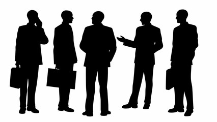 Silhouette of five businessmen in suits, one on a phone call, holding briefcases, in a meeting setting | editable eps vectors