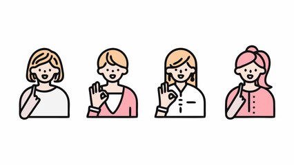 Four cartoon women with different hair colors and styles making hand gestures on a white background | editable eps vectors silhouette