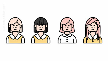 Four cartoon girls with different hair colors and styles standing in a row on a white background | editable eps vectors silhouette