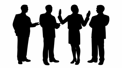 Silhouette of four business people in discussion with raised hands against a white background image | editable eps vectors