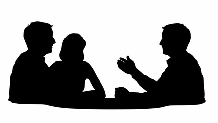 Silhouette illustration depicting three people engaged in a discussion or meeting scenario setting scene | editable eps vectors