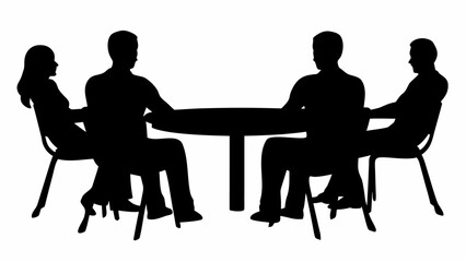 Silhouette of four people sitting around a table in a meeting or discussion setting, all in black color | editable eps vectors
