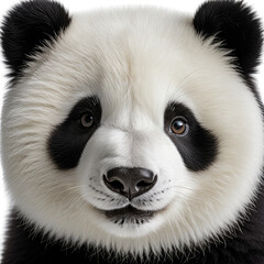 Panda portrait. Black ears, eyes, nose, smiling, looking at viewer