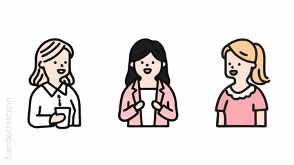 Three cartoon women with different hairstyles and outfits standing side by side in a simple illustration | editable eps vectors silhouette