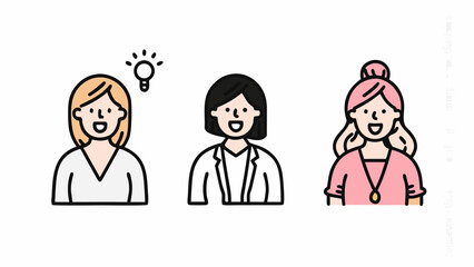 Three cartoon women with different hairstyles and outfits smiling cheerfully in a bright and simple design | editable eps vectors silhouette