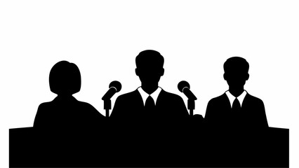 Silhouette of three people at a podium with microphones in black and white presentation conference setting | editable eps vectors