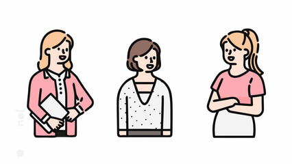 Illustration of three women with different hairstyles and outfits standing side by side and smiling happily | editable eps vectors silhouette