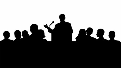 Silhouette of a speaker at a podium addressing an audience in a dark setting with a white background | editable eps vectors