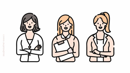 Three cartoon women in business attire with different hairstyles and poses standing side by side smiling | editable eps vectors silhouette