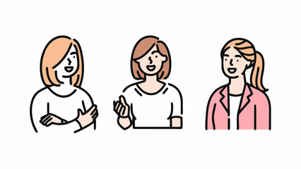 Three diverse young women with different hairstyles in casual and professional attire smiling and posing | editable eps vectors silhouette