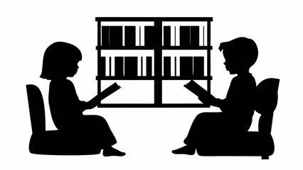 Silhouette of two children reading books in chairs with a bookshelf in the background indoors scene | editable eps vectors