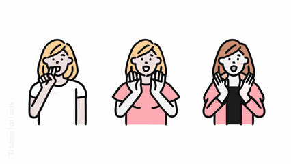 Three cartoon women with different expressions and clothing on a white background in a simple illustration | editable eps vectors silhouette